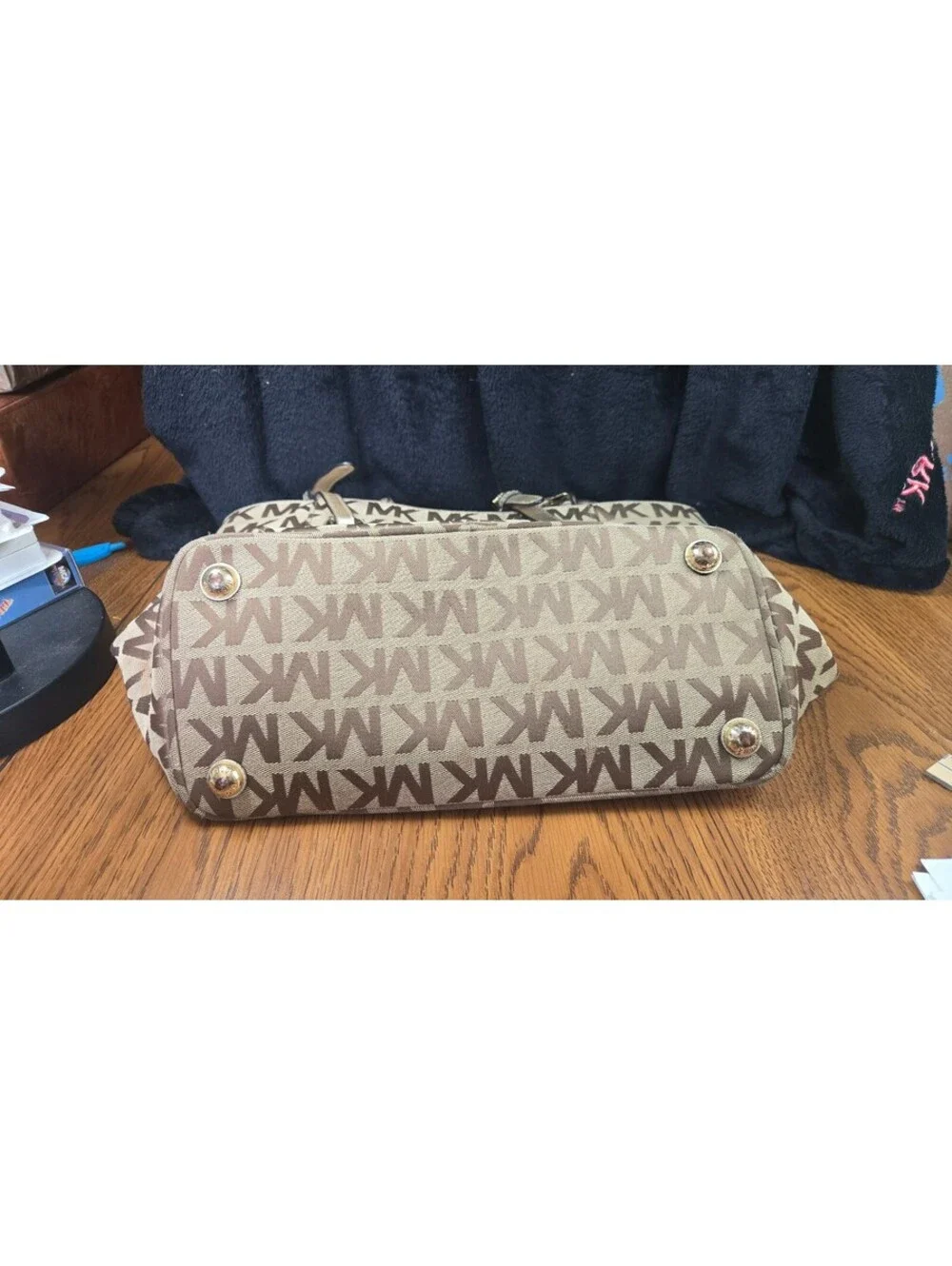 Michael Kors Beige and Brown MK Logo Tote Bag with Gold Handles